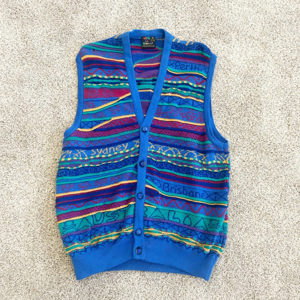 Vintage womens L Australia Coogie Style Cardigan Sweater Vest Button Wool blue